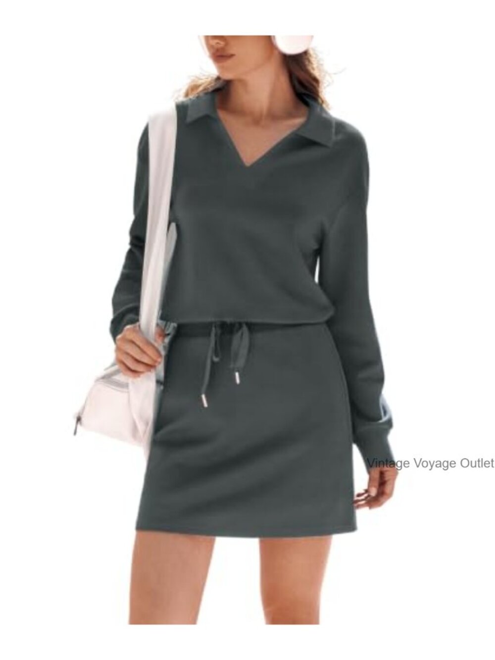 Two Piece Sweatshirt & Skort Set V-Neck Collared Lounge Tennis Casual
